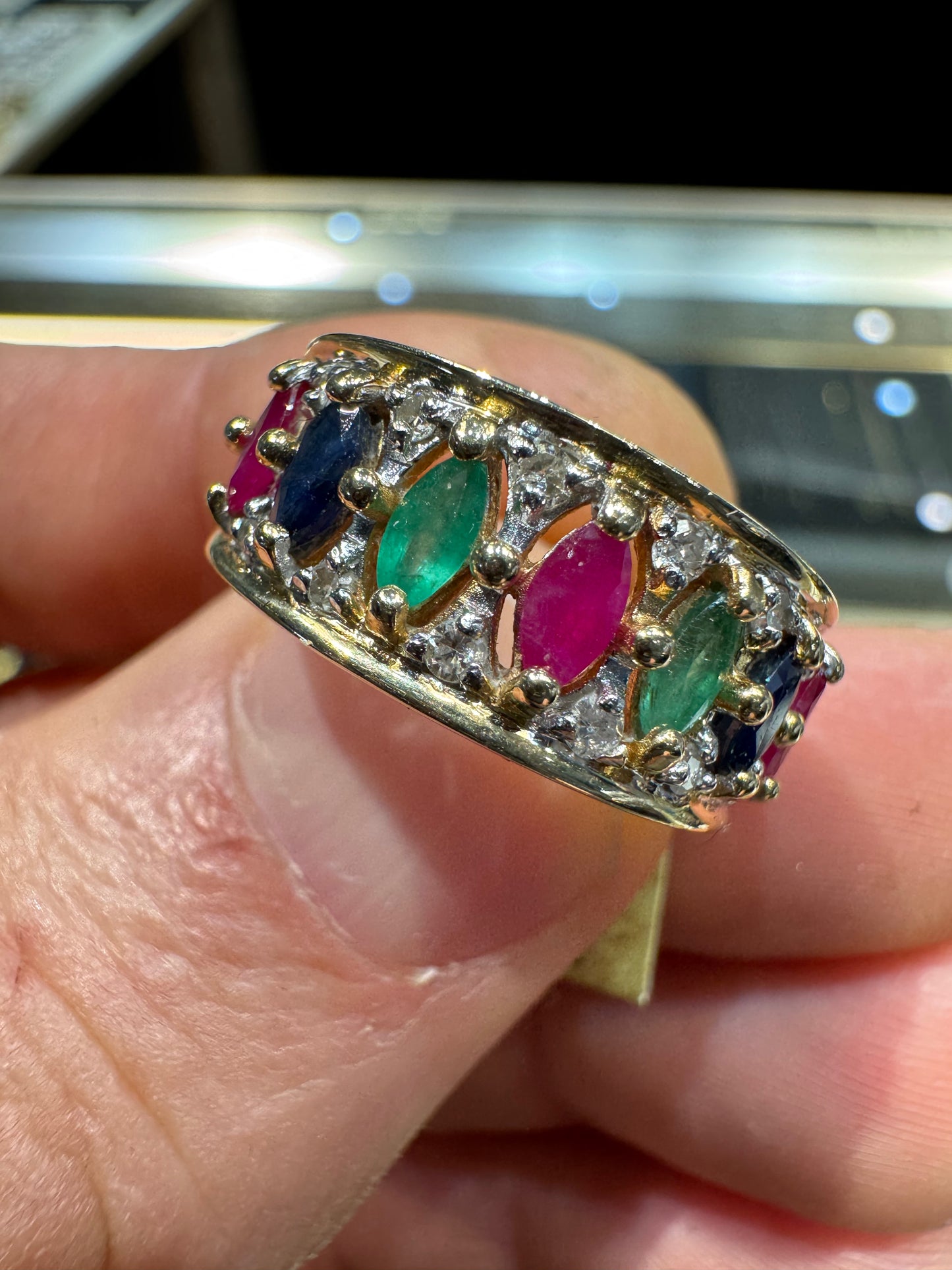 14k Thailand Ruby Sapphire Emerald Diamond Cocktail Ring Anniversary Band Excellent