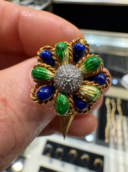 Italian Made 18k Gold Enamel & Diamond Cocktail Ring Excellent